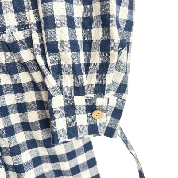 Navy Blue White Gingham Checkered Linen Blend Midi Dress Lagenlook Tie Back - Picture 8 of 9